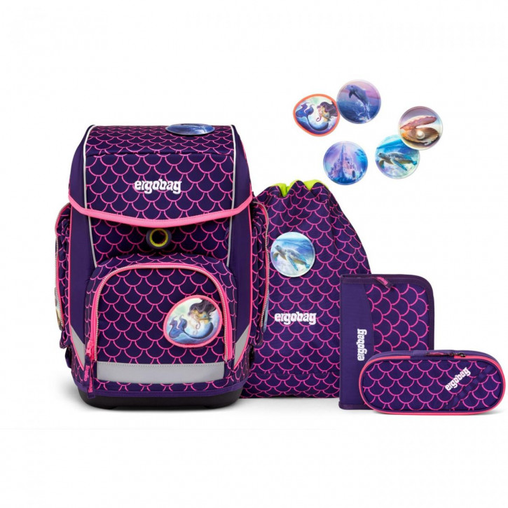 ergobag cubo-Set Schulranzen-Set PerlentauchBär (5-tlg.: Schulranzen, Sportbeutel, Klettie-Set (5-tlg.), Schlamperrolle, Federmäppchen)